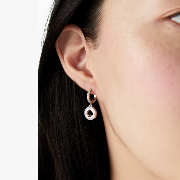 NEW Kate Spade Spot The Spade Pave Huggies Drop Dange Earrings Silver Clear - Picture 3 of 8